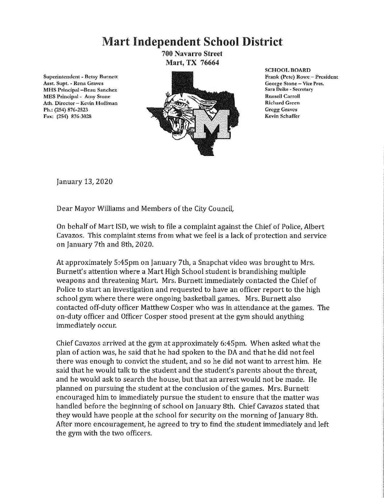 Mart ISD letter